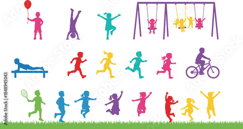 Set of Colorful Children Silhouettes Playing on Swings Riding Bicycles and Running in Grass Isolated on White Background for Childhood Designs