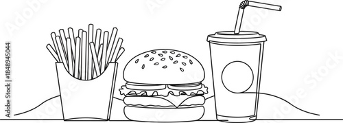 Fast Food Meal Line Art Vector Illustration Featuring Burger, French Fries, and Soft Drink Cup in Clean Outline Style for Restaurant Menus, Cafe Branding, and Food Design Projects