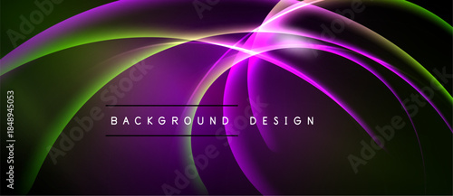 Abstract design features flowing curves, vibrant purple, green hues. Dark background emphasizes luminous lines, creating dynamic visual effect.