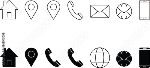 Contact and Communication Icon Vector Set Featuring Home, Location Pin, Phone, Email, Globe, and Mobile Symbols in Outline and Solid Styles for User Interface and Web Design Projects