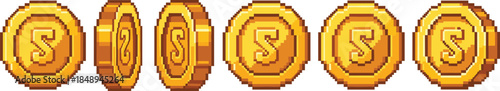 Pixel Art Gold Coin Vector Illustration Set Featuring Retro Game Currency Icons, 8 Bit Style Money Tokens, and Classic Arcade Economy Elements for Game Design Projects