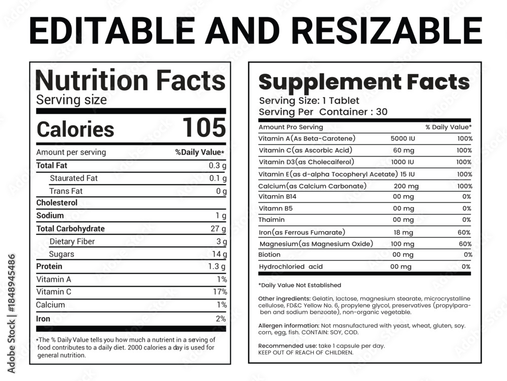 Fototapeta premium Nutrition Facts, Nutrition Facts Label, Supplement facts, Nutrition List, Vitamin Facts, Supplement list, Nutrition Template, Supplement Template 