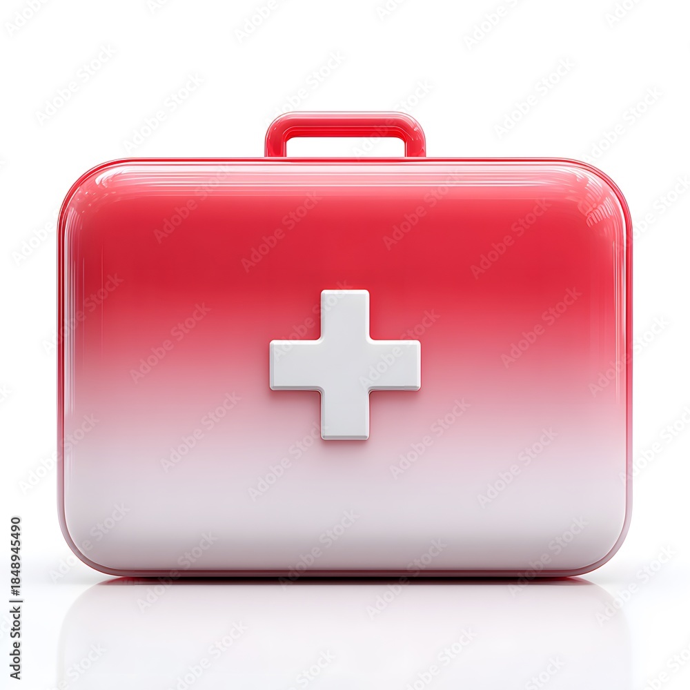 Fototapeta premium Glossy Red and White First Aid Kit on White Background 3D Render