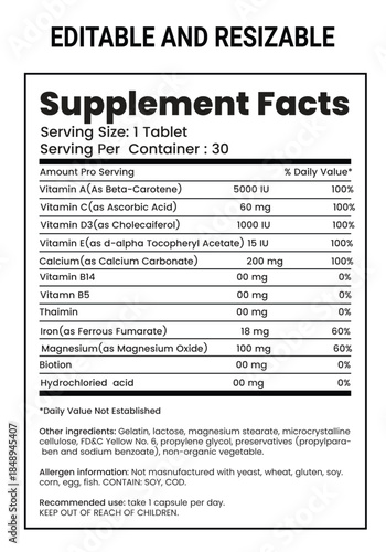 Nutrition Facts, Nutrition Facts Label, Supplement facts, Nutrition List, Vitamin Facts, Supplement list, Nutrition Template, Supplement Template 