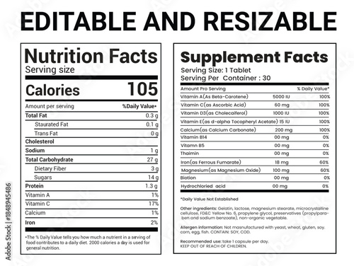 Nutrition Facts, Nutrition Facts Label, Supplement facts, Nutrition List, Vitamin Facts, Supplement list, Nutrition Template, Supplement Template 