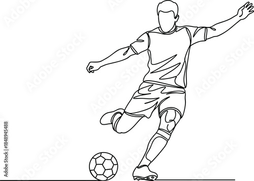 Continuous Line Drawing Vector of a Soccer Player Kicking a Ball, Minimalist One-Line Athlete Silhouette for Sports Branding, Modern Posters, and Football Club Graphics