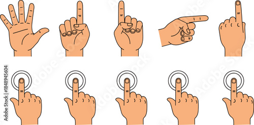 Hand Gesture and Touch Interaction Vector Illustration Set Featuring Pointing Fingers, Click Actions, Counting Hands, and User Interface Control Gestures for App and Web Design Projects