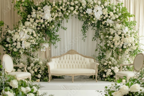 Elegant wedding arch adorned with white flowers and greenery