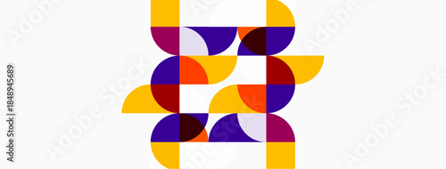 Abstract geometric pattern. Overlapping circles create complex design. Orange, purple, white color scheme dominates composition. Modern aesthetic.