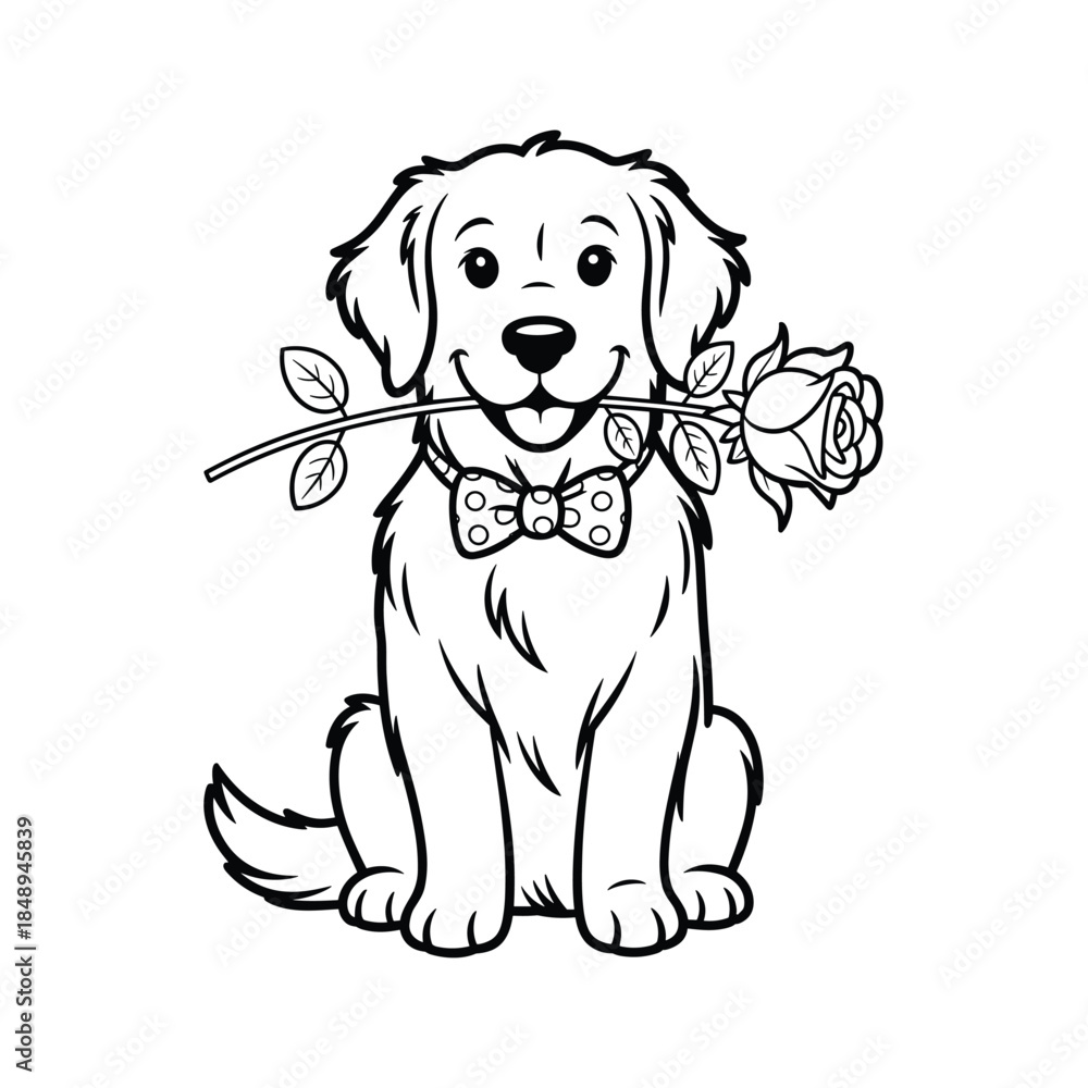 Fototapeta premium Adorable dog holding rose in mouth with bow tie
