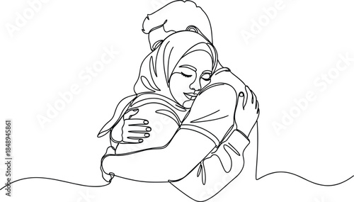 Emotional Hug Line Art Vector Illustration Showing Loving Couple Embrace, Comfort, Support, and Affection in Minimal Black Outline Style for Relationship, Mental Health, and Romantic Design Projects