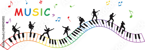 Creative Music Illustration Featuring Silhouettes of Musicians and Singers Performing on a Colorful Rainbow Piano Wave Isolated on White Background