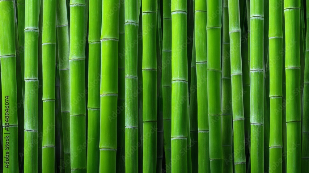 Fototapeta premium Tall bamboo stalks rise in harmonious columns, showcasing their rich green hues. The arrangement evokes a sense of peace and connection with nature in a serene environment