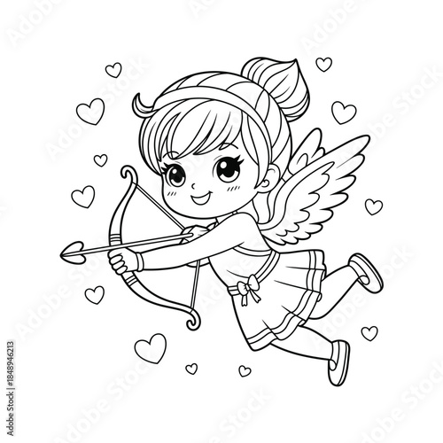 Cute cupid girl with bow and arrow surrounded by hearts