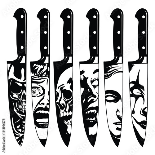 Macabre Culinary Art A Series of Knives with Haunting Black and White Graphic Designs Depicting Skulls and Screaming Faces, Creating a Chilling Visual Collection