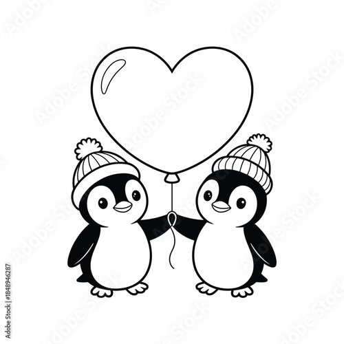 Cute penguins holding heart shaped balloon in winter hats