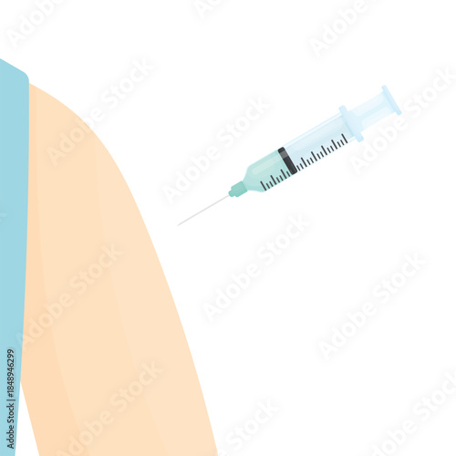 A syringe with medication near a shoulder on a white background. A person is getting a vaccination. Concept of timely treatment and vaccination.