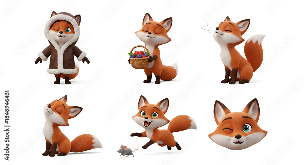 Obraz premium Playful 3D Fox Characters in Various Fun Poses and Activities for Illustrative Use