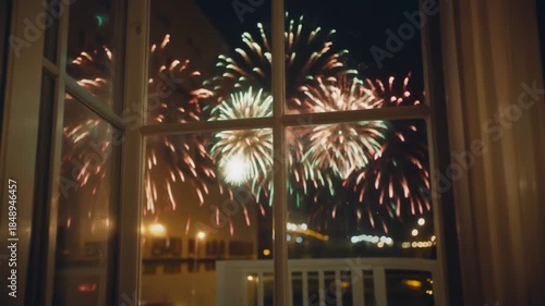 Fireworks display viewable through window at night with festive lighting