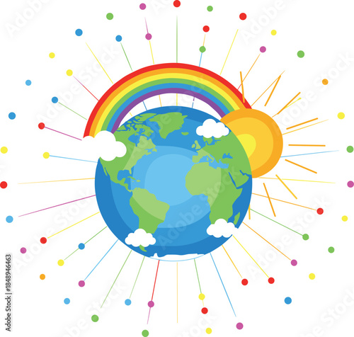 Conceptual Earth Globe Illustration Featuring a Bright Rainbow Sun and Clouds with Colorful Data Points and Lines for Global Environment Design