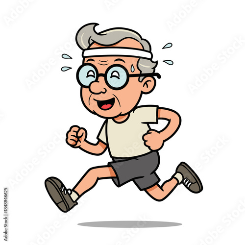 cartoon elderly man jogging for healthy lifestyle blogs, senior fitness websites, wellness brochures, health awareness campaigns and retirement sports presentations