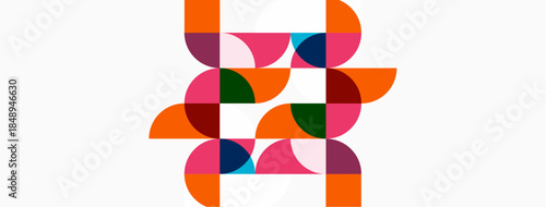 Abstract geometric pattern. Colorful semicircles create repeating grid structure. Modern design, vibrant hues, simple shapes.