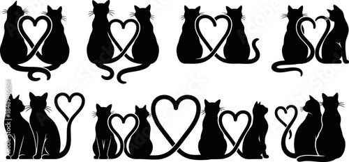 A collection of silhouette cat couple in love with shape heart tails