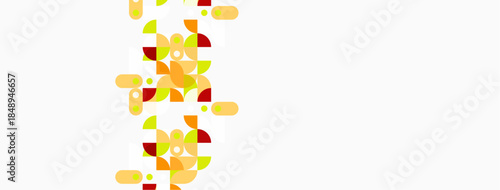 Abstract geometric shapes, warm colors dominate. Yellows, oranges, reds create dynamic composition. Minimalist design, clean aesthetic.