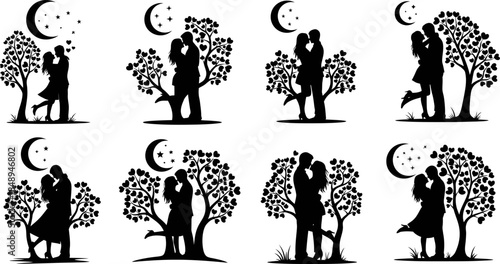 A collection of valentine romantic couple love silhouette  under glowing moon with tree vector illustration 