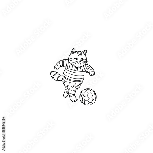 Playful cat in soccer outfit kicking ball