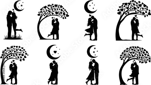 A collection of valentine romantic couple love silhouette under glowing moon with tree vector illustration	