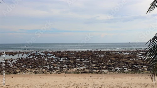 Rocky coastal landscape exposed at low tide. Irregular rock formations stretch toward the calm, blue sea under an overcast sky.