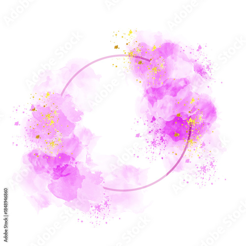 Elegant watercolor circle border in gradient shades of fuchsia and lavender, adorned with sparkling golden flecks, offering a charming creative background for festive designs