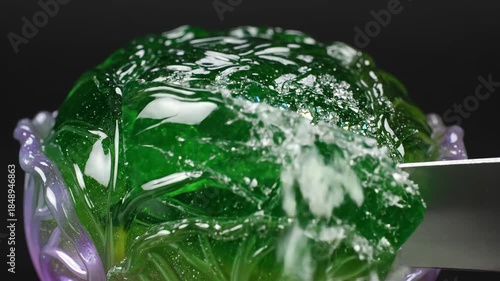Knife cutting through a shiny green gelatin dessert with sparkling texture. Dessert preparation concept for cooking video. ASMR. Relaxing