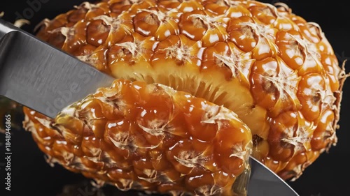 Knife slicing a fresh juicy pineapple, action shot of cutting fruit, close up food preparation for healthy eating, ASMR. Relaxing