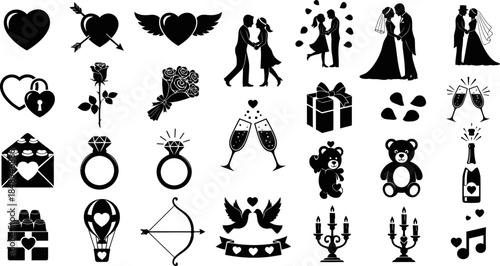 Romantic Valentine icon bundle featuring hearts, wings, couples, teddy bears, love, passion, joy, happiness worldwide