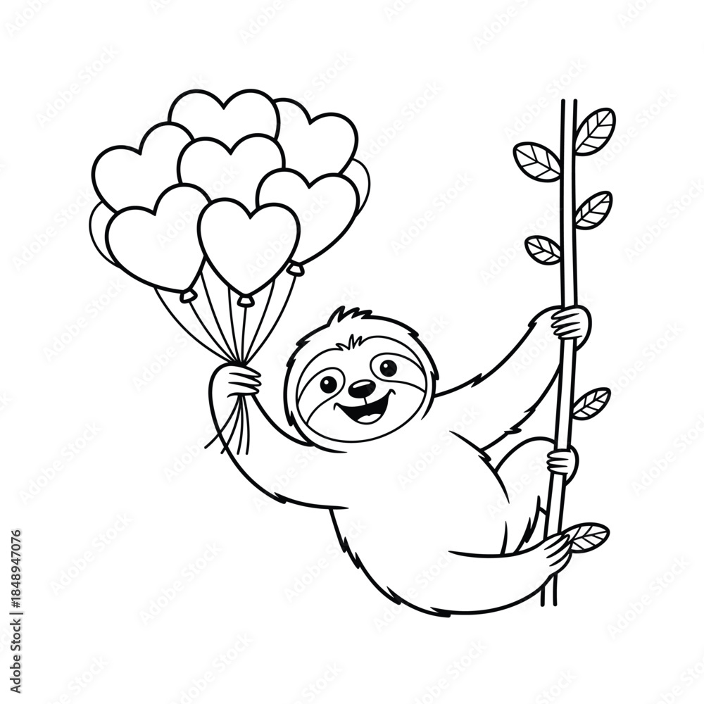 Obraz premium Smiling sloth holding heart balloons and climbing tree