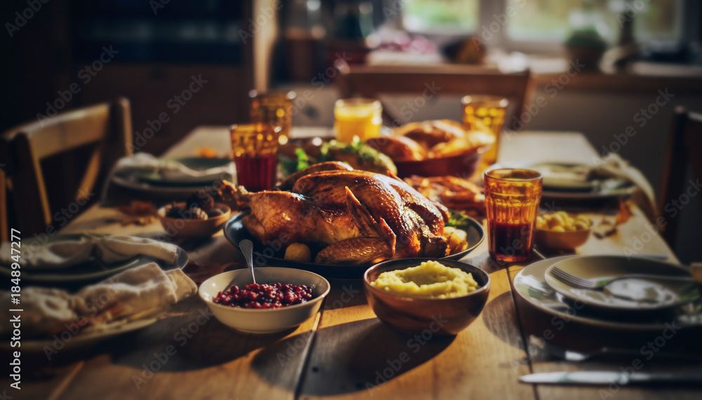 Obraz premium dinde rôtie et festin de Thanksgiving sur table en bois, repas de Noël