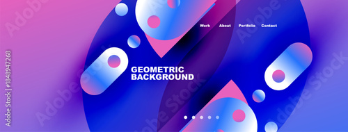 Abstract geometric background features vibrant purple, blue gradients. Text reads Geometric Background, navigation options present. Modern design elements visible.