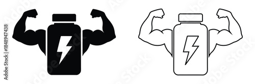 Dynamic supplement bottle with flexed arms and lightning bolt symbol