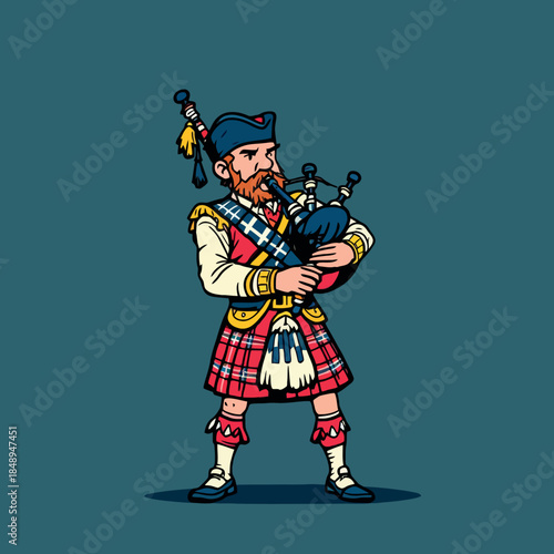 Vsai scottish man playing bagpipes in traditional kilt