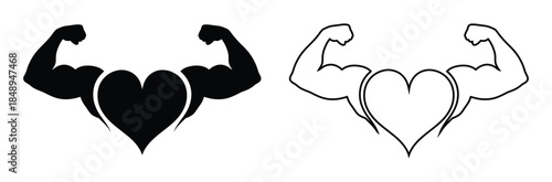 Heart with flexed arm muscles in black and line art,Healthy black and white flat vector icon design. Heart with muscle arms symbol and glyph design