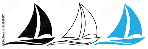 Sailing boats on calm waters in black, white, and blue,Boat icon. Sailboat icon silhouette,Sailing boat logo for sale.