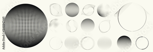Abstract circular halftones element set, geometric dotted ring and spiral circle shapes for modern design, technology, or motion graphic backgrounds. Dotted round elements, radial spirals, and vortex.
