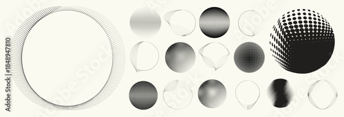 Abstract circular halftones element set, geometric dotted ring and spiral circle shapes for modern design, technology, or motion graphic backgrounds. Dotted round elements, radial spirals, and vortex.