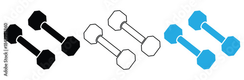Dumbbells in black, white, and blue for fitness and exercise,Dumbbell icon set. Line and glyph dumbbell weight vector. Gym dumbbell collection,Fitness dumbbell vector icon symbol design