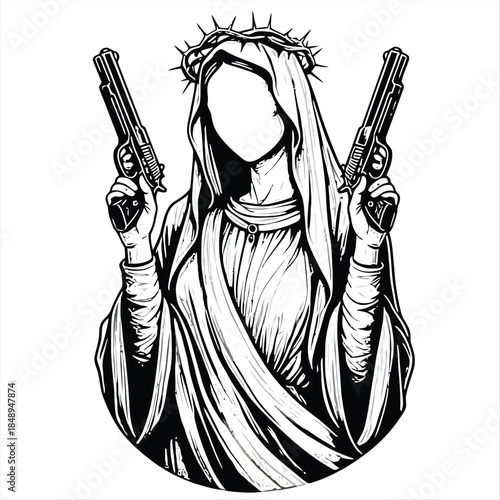A surreal illustration of the Virgin Mary holding two pistols, creating a striking juxtaposition of religious iconography and violent imagery