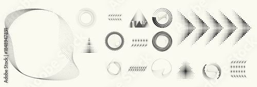 Abstract circular halftones element set, geometric dotted ring and spiral circle shapes for modern design, technology, or motion graphic backgrounds. Dotted round elements, radial spirals, and vortex.