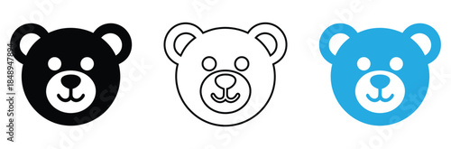 Three cute bear heads in black, white, and blue colors,Cute vector bear head icon, isolated symbol, animal face,simple head bear vector logo