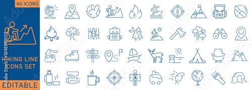 Hiking icons set. Contain icons related to Hiking, adventure, outdoor, mountain, nature, camping and more. line Icon Collection. Fully Editable. Vector illustration.